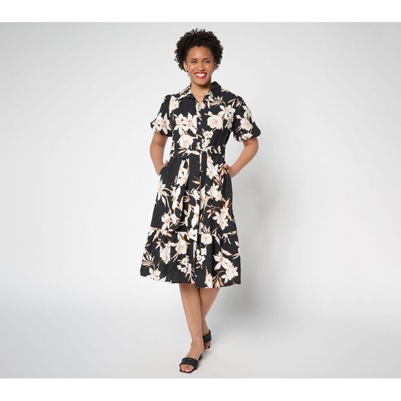 Susan Graver Women's Petite Dress PS Printed Textured Woven Button Black A684108 - Picture 1 of 4